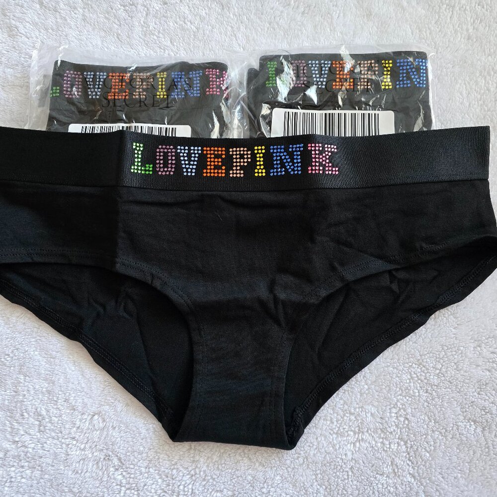 NWT 3 pair VS PINK Bling Hipster panties size Large Rainbow Logo
